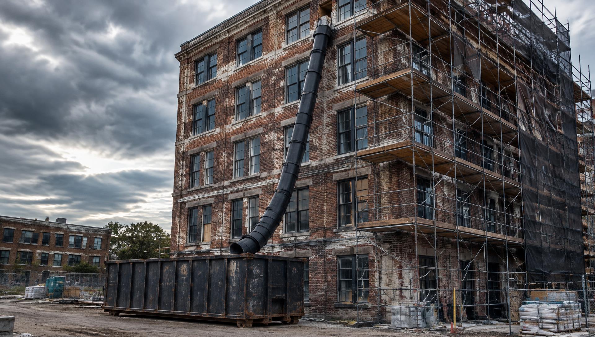 Black sectional debris chute on a multistory brick building feeding into a dumpster (illustrative photo)